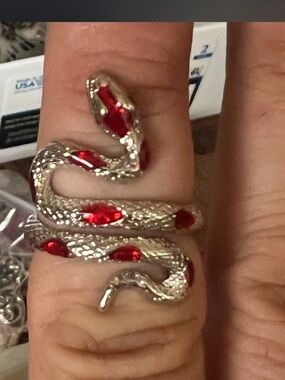 Source Unknown Silver Snake Coil Ring with Red Accents